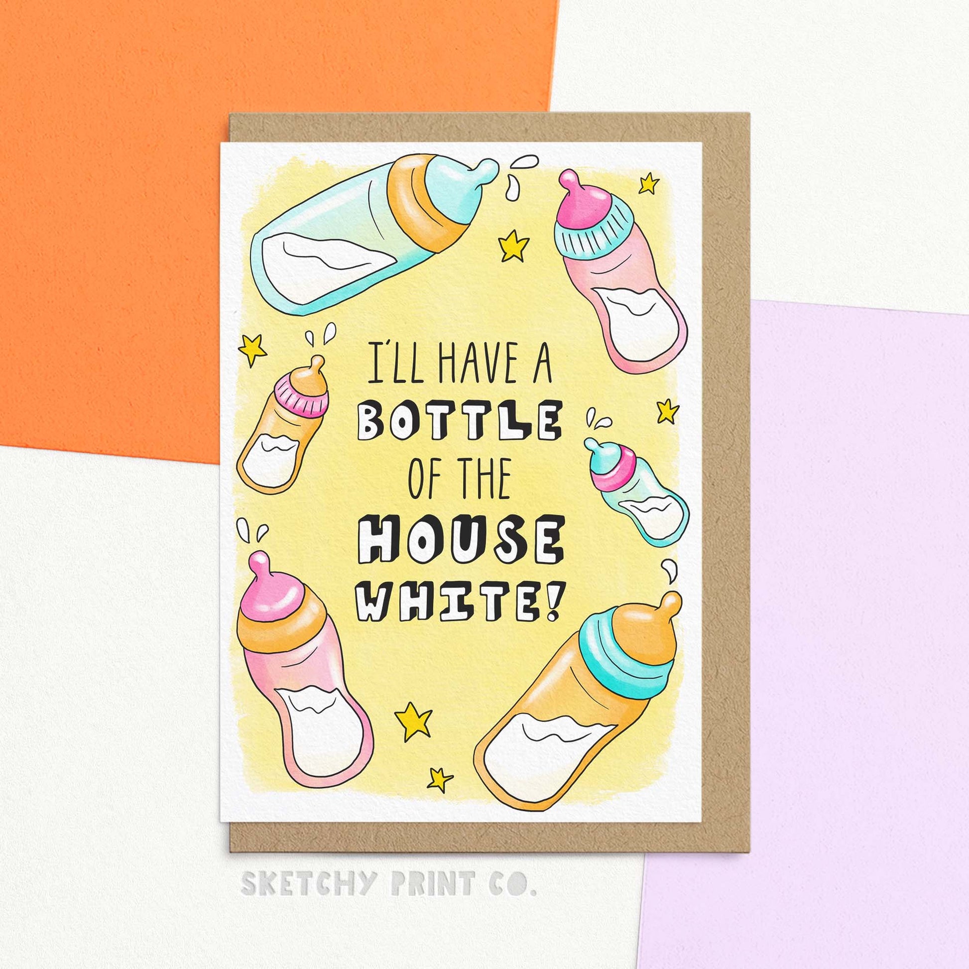 Funny new baby card reading "I'll have a bottle of the house white!" for parents. Welcome bundles of joy to the world with our funny new baby card, featuring the new meaning of House White - not quite the usual bottle of delicious Pinot Grigio! The sustainable FSC certified paper, and compostable packaging really make this card something to treasure. Pop the cork, and cheers to baby! 🍷