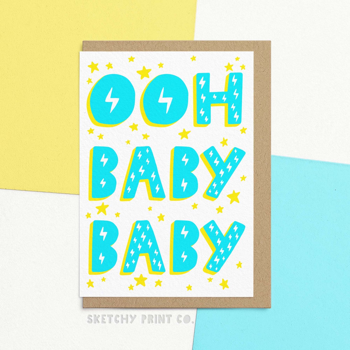 Funny baby shower card reading ooh baby baby in big colourful letters. Stylish modern new baby card. Welcome a new bundle of joy with a chuckle with our funny new baby card! This hilarious card features a colourful, modern design and comes in 2 fun colour ways. Remind new parents that they have pushed it real good with a card that's sure to make them smile.