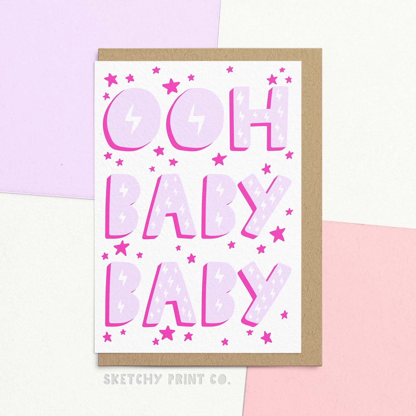 Funny baby shower card reading ooh baby baby in big colourful letters. Stylish modern new baby card. Welcome a new bundle of joy with a chuckle with our funny new baby card! This hilarious card features a colourful, modern design and comes in 2 fun colour ways. Remind new parents that they have pushed it real good with a card that's sure to make them smile.