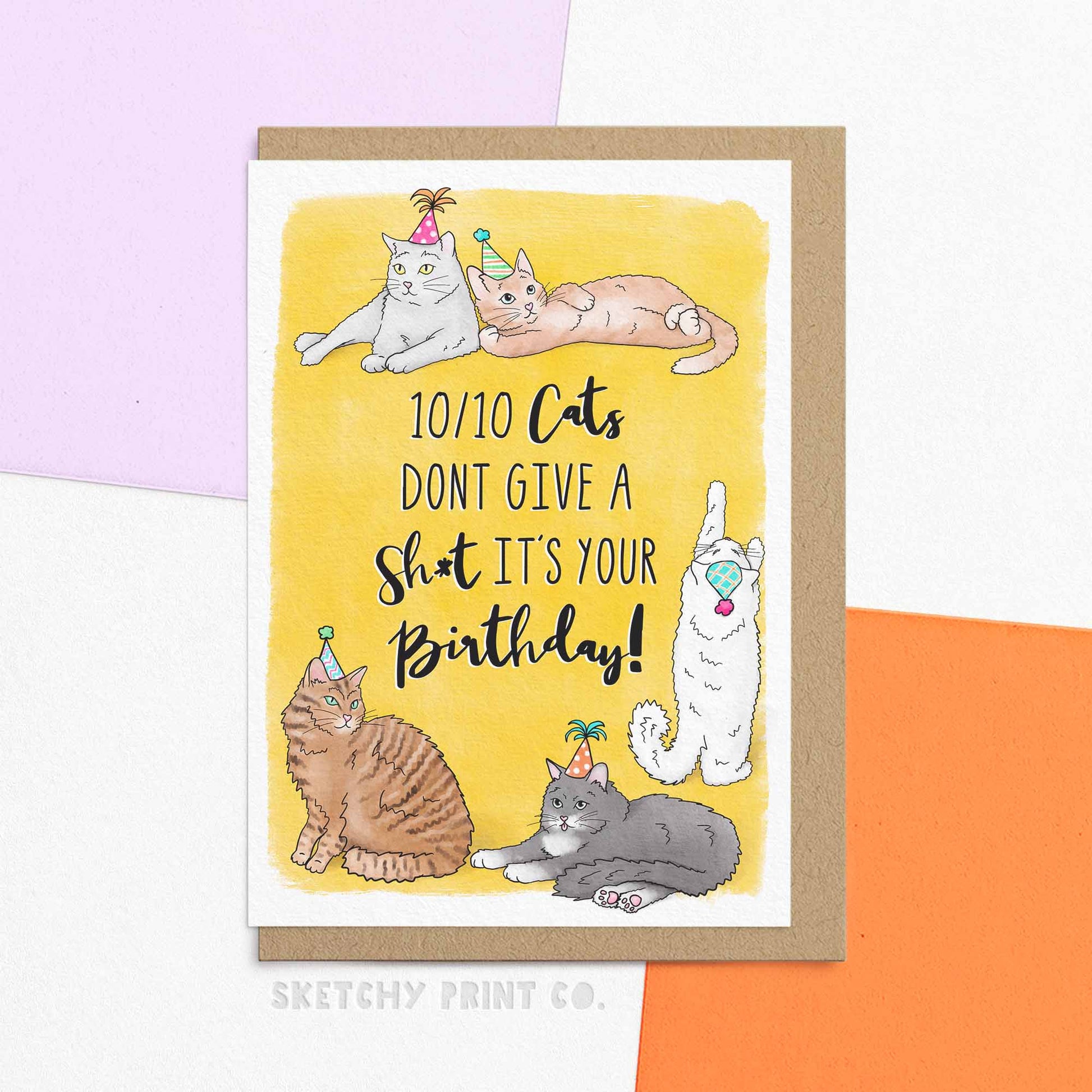 funny birthday card for cat mom, cat dad or cat lovers in general.Reading 10/10 cats don't give a sh*t it's your birthday! Send funny birthday wishes for best friend with this hilarious birthday card perfect for cat lovers!
