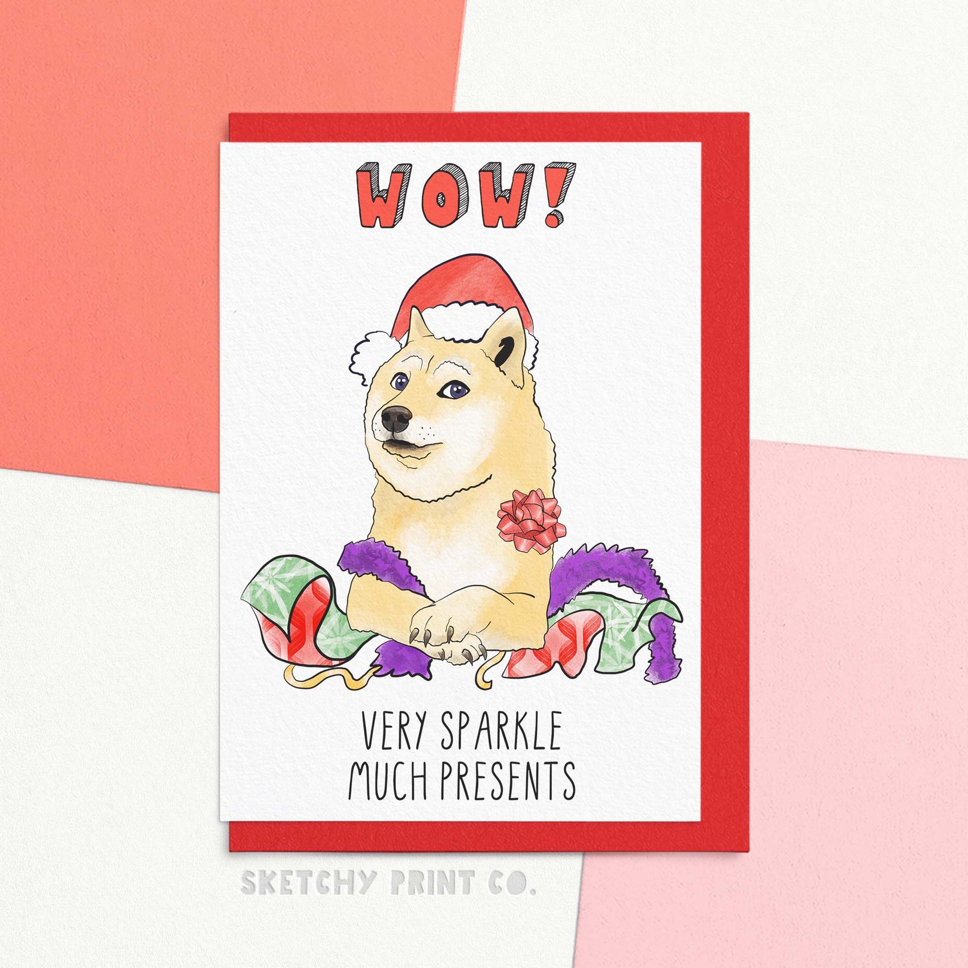 funny Christmas wishes card reading Wow! Very Sparkle, much presents. Celebrate the holidays with our Christmas Doge greeting card! Featuring funny Merry Christmas wishes and a hilarious dog-themed design, this card is perfect for dog lovers. With much sparkle and very presents, this card will make your loved ones laugh and brighten up their holiday season.