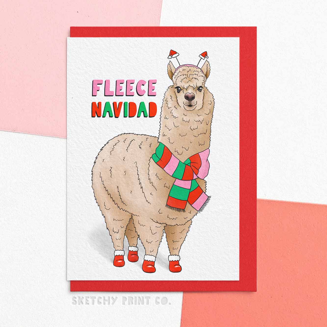 Funny Xmas greetings card featuring a cute alpaca (like a fluffy lama) reading fleece navidad. Wooly wishes aplenty with this punny Christmas card. Featuring funny Christmas wishes and a cute alpaca, this happy Christmas greeting is sure to bring smiles and laughter to all. Send some seasonal silliness with this fun and fluffy card.