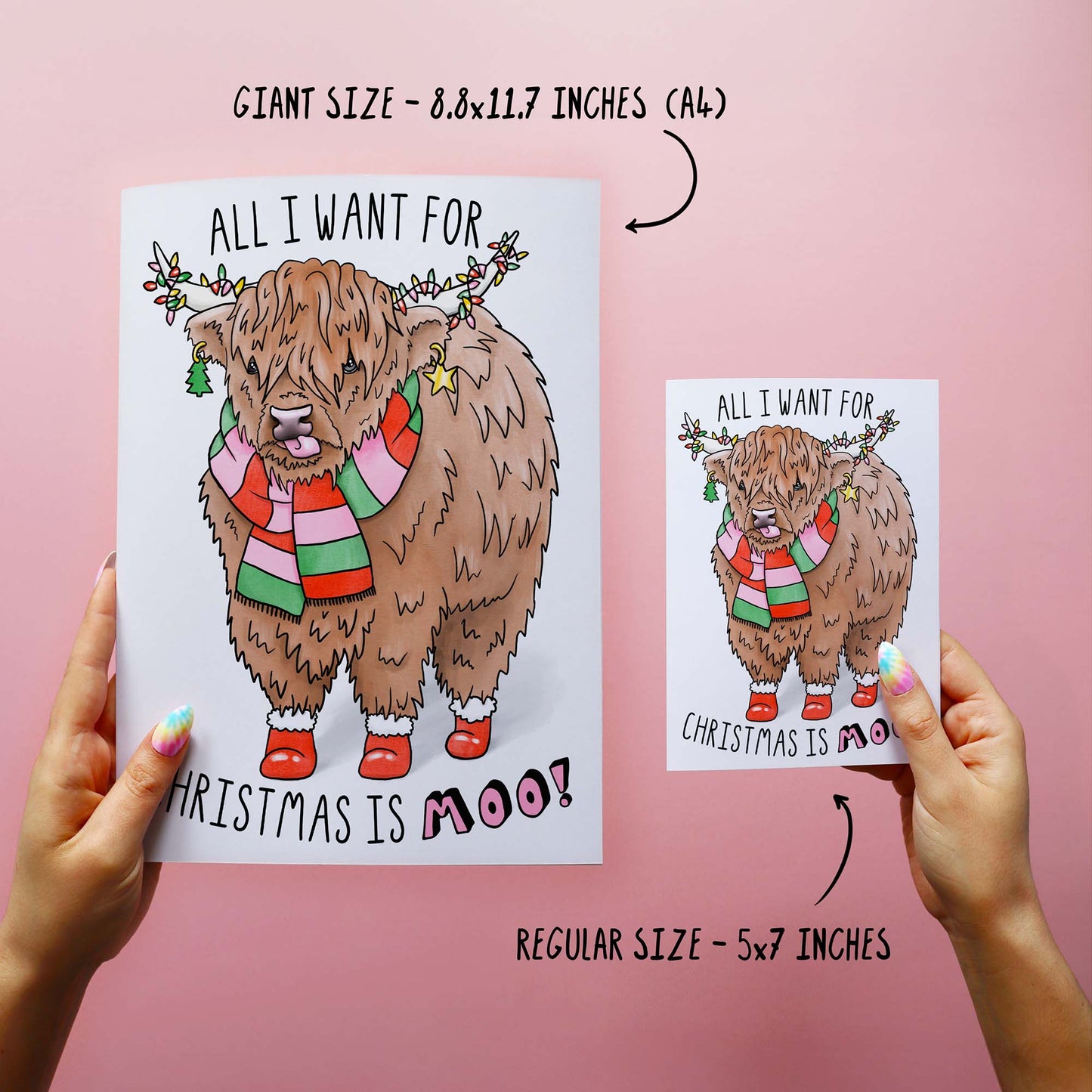 All our cards are available in regular 5x7 inches and giant 8.8x11.7 inches. Funny Xmas greetings card for best friend or husband featuring a cute highland cow wearing a scarf and booties. Reading all I want for Christmas Is Moo. Send holiday wishes with a touch of cosiness. Featuring an adorable highland cow illustration, this funny and cute Christmas card is perfect for your best friend.