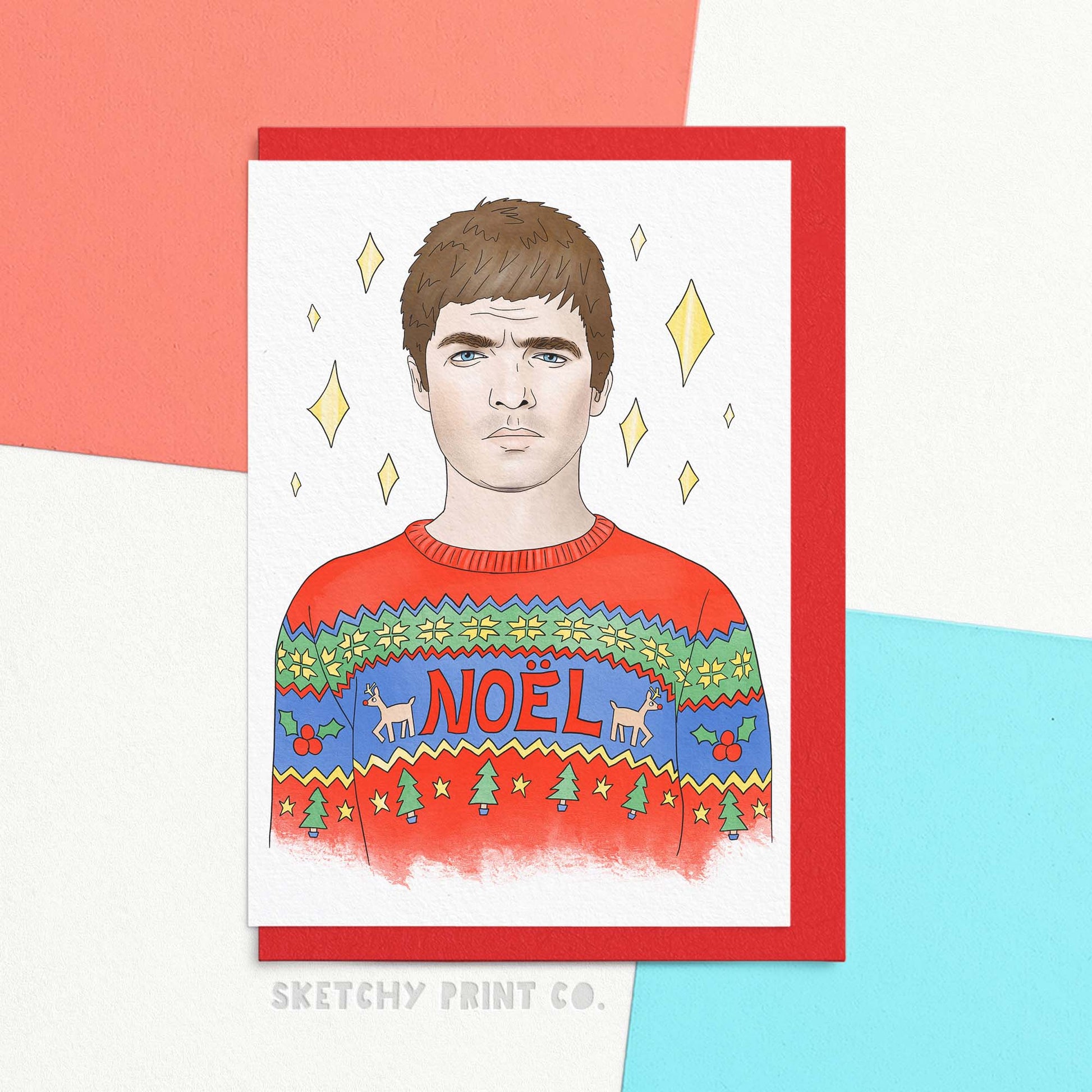 Funny Christmas Wishes Card with an artist interpretation of a 90s mod rocker wearing a Christmas jumper with Noel written on the front. Rock around the Christmas tree with Noël, the perfect card for music fans. Spread some holiday cheer with funny Christmas wishes that will have everyone jingle bell rocking. This card is sure to bring a smile to the face of even the grumpiest Christmas grinch, so don't look back in anger and order it now! (Sibling rivalry not included.)