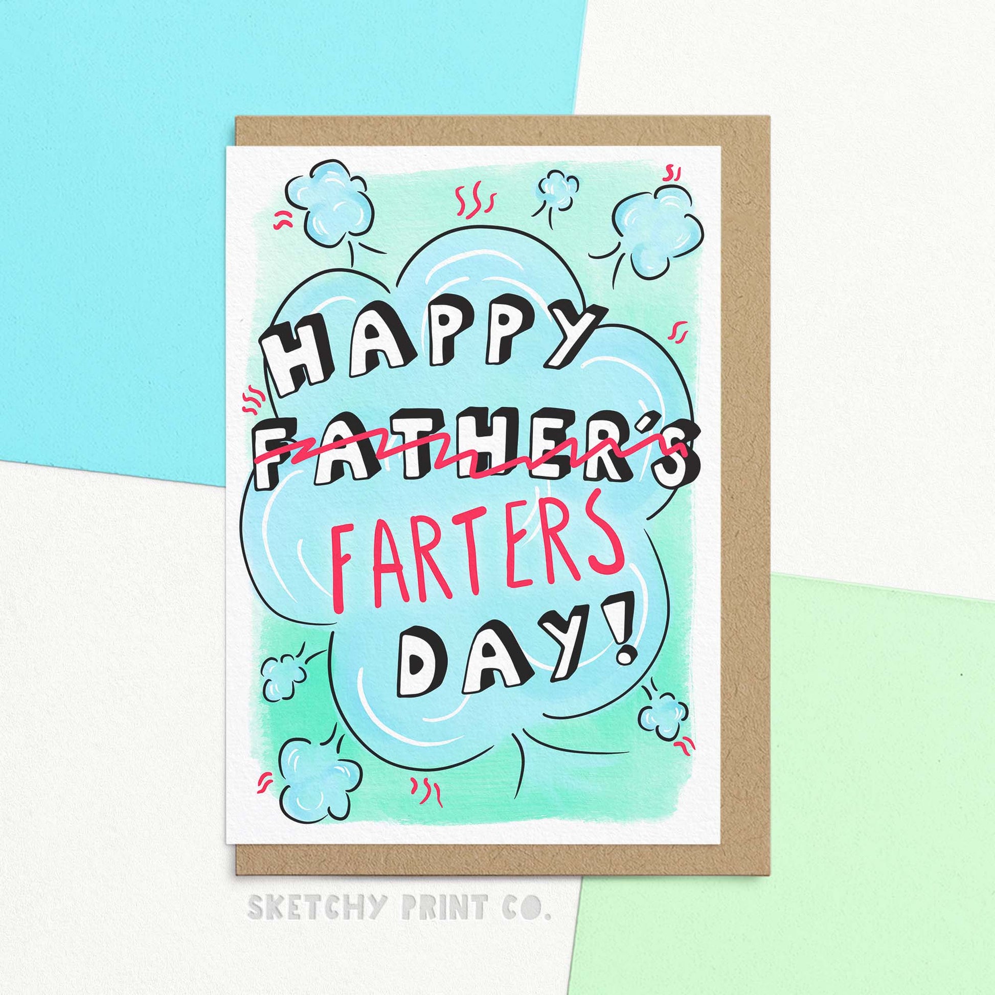 Funny Father's Day card reading 'Happy Farter's Day!' with 'Father's' crossed out, surrounded by illustrated fart cloud. Shown with a craft envelope.