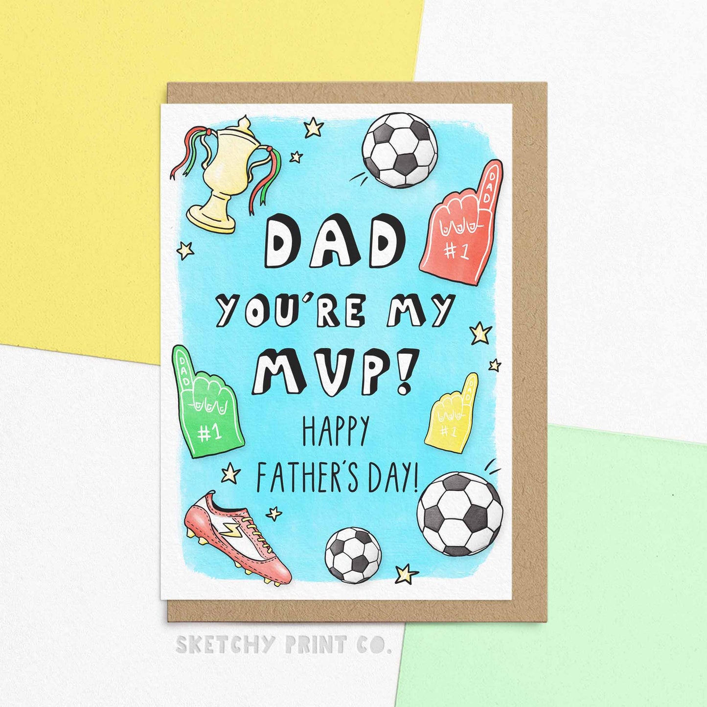 Father's Day card for dad reading 'Dad you're my MVP!' with illustrations of footballs, foam fingers, and trophies. Shown with envelope.