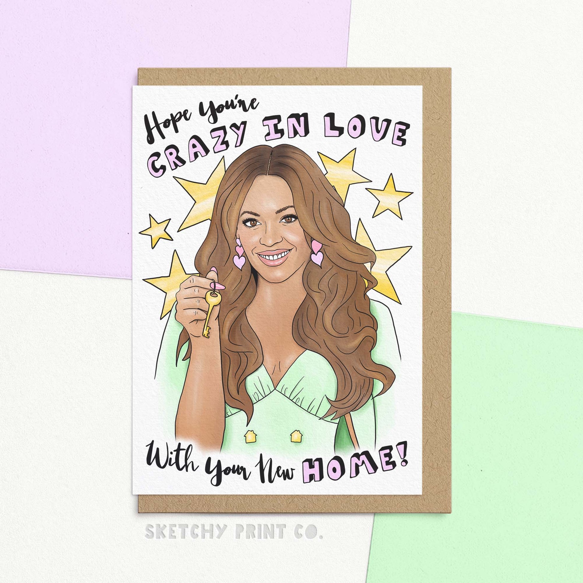 Funny new home card reading Hope you're crazy in love with your new home! Featuring an artist interpretation of a stylish singer holding house keys. Oh-oh oh-oh oh-oh you-re gonna...Let your friends know you’re crazy in love with their new home with our fun moving card! These stylish and funny housewarming wishes will only give you sweet dreams, crafted from FSC certified paper ensuring you put sustainability on top!