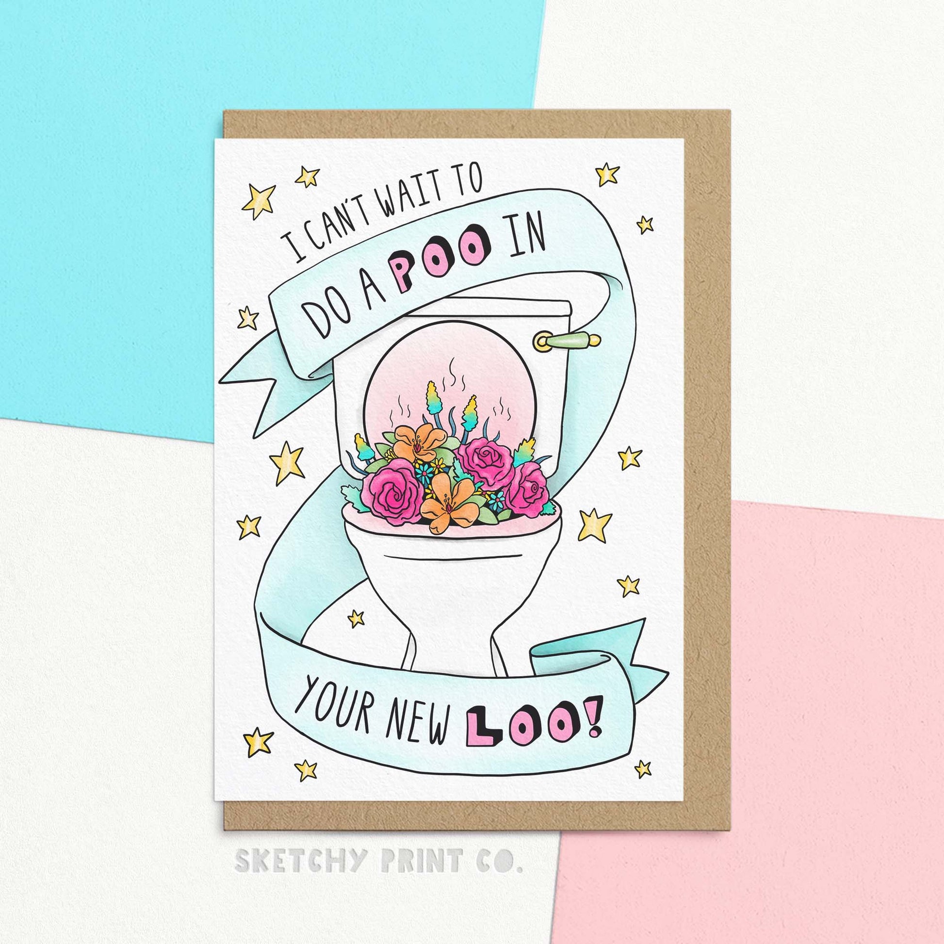 Funny new home / housewarming card reading I can't wait to do a poo in your new loo! With an illustration of a toilet with flowers in it. The perfect card to make your friend's housewarming wishes even more memorable! Not to mention, the FSC certified paper and compostable packaging are guaranteed to leave a lasting impression (no 'number two's included)! So flush those other blah cards goodbye and take a splash at this one!