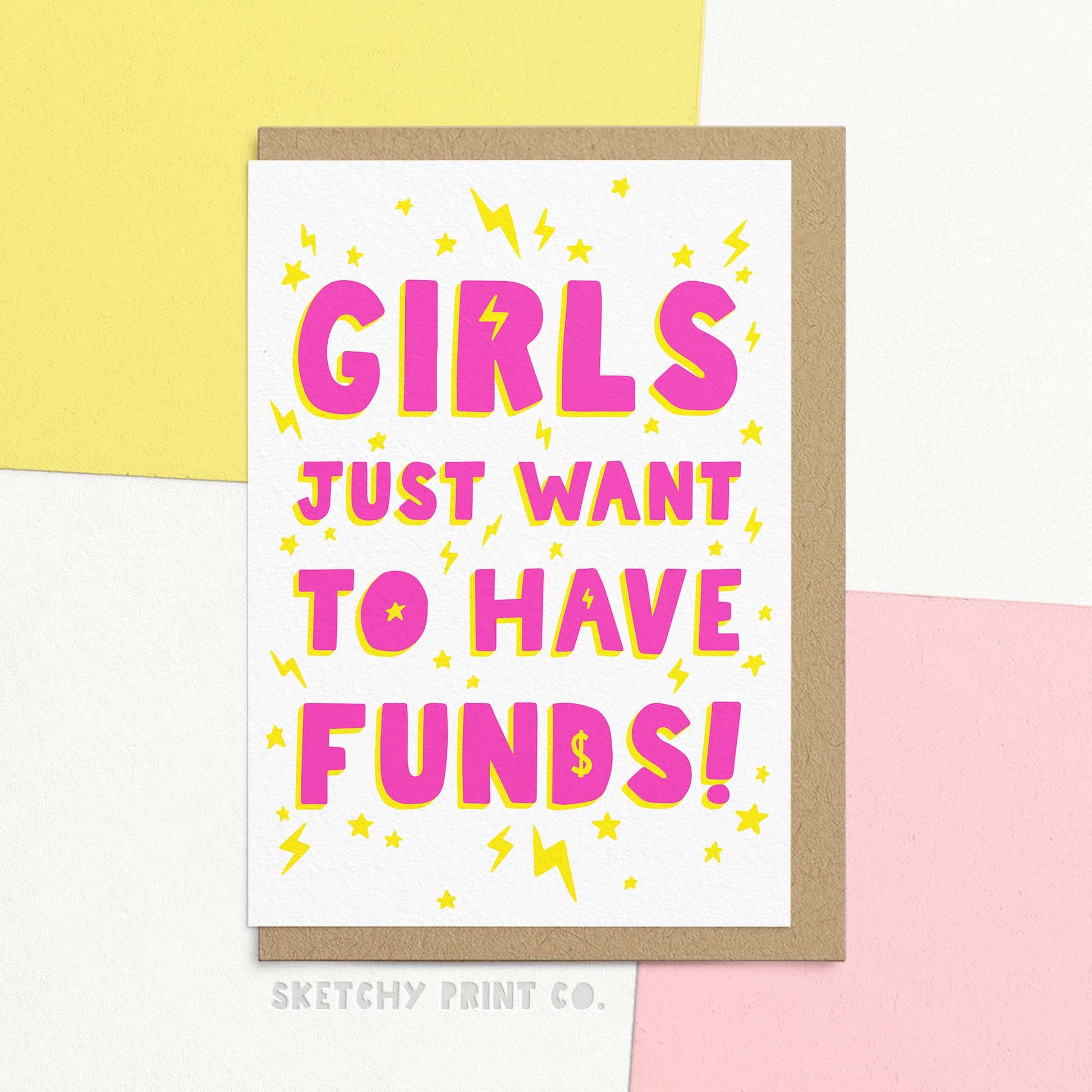 Celebrate a friend's new job with a playful twist. This stylish and funny card reading Girls Just Want to Have Funds is the perfect way to congratulate them on their new endeavours. A great choice for music lovers and those looking to add a little humour to the workplace.
