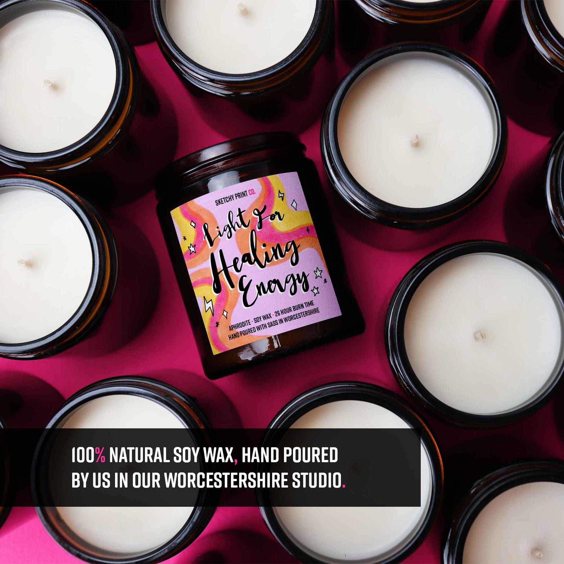 Funny candle gift for her. gift ideas for best friend, girlfriend, wife. Soy wax candle in beautiful amber jar. Colourful design on front saying Light for healing energy. Hand poured with sass in Worcestershire.