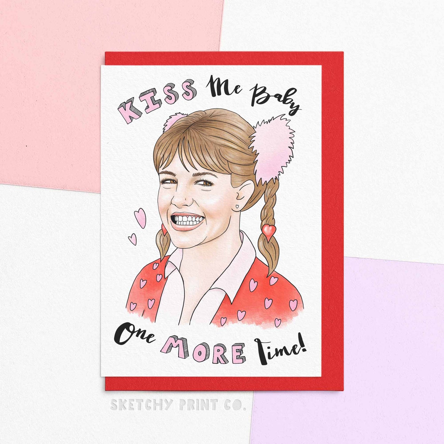Cute Valentines Day Card reading kiss me baby one more time! Oops we did it again! Another perfect funny Valentine's Day card for 90s babies. Make your relationship stronger than yesterday with a funny valentines card for your boyfriend or girlfriend, it will have them saying gimme more! Made with FSC certified paper, there's no toxic wishes here. Give a piece of you with our personalised valentines cards!