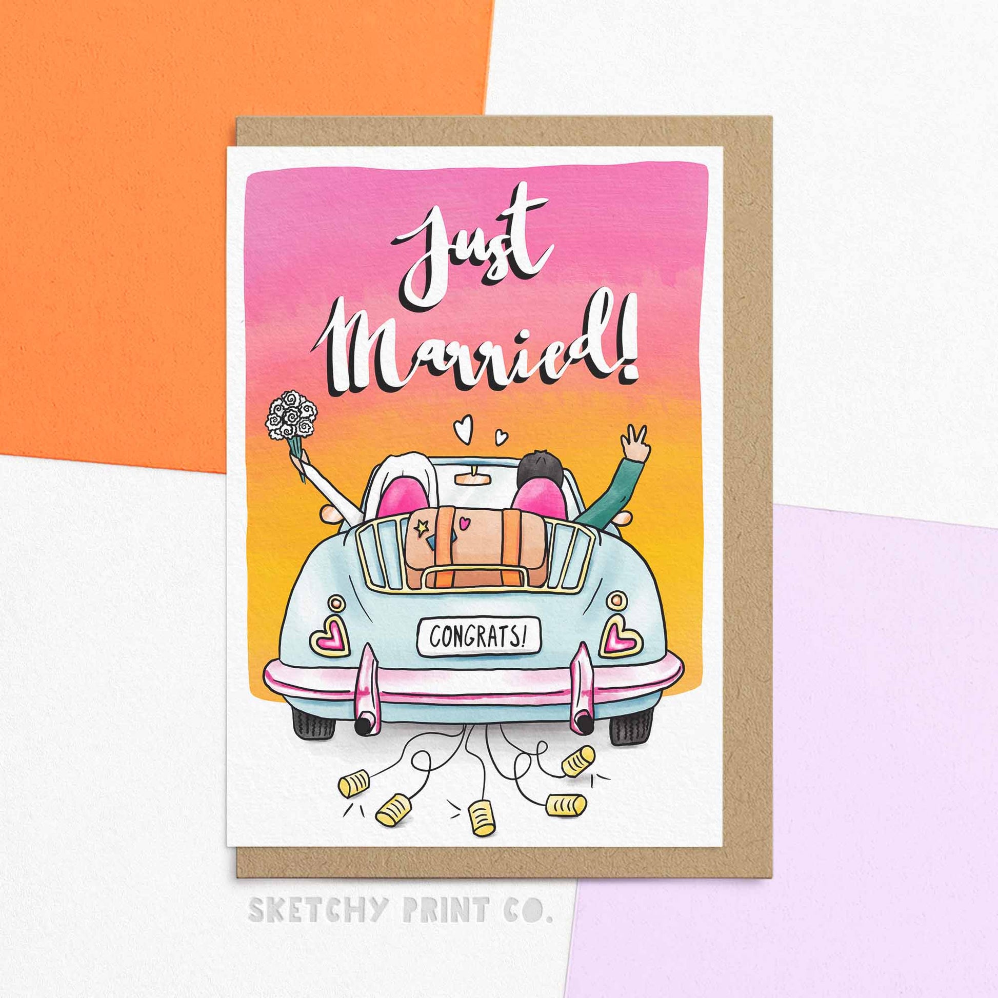 This modern wedding card features an illustration of the wedding couple in a vintage car driving into their happily ever after, the prefect way to congratulate your friend on your son's or daughter's wedding too! Wedding Day Greetings For Newly Wed Couple. Send the newly wed couple off into the sunset with our wedding day greetings card! Make their marriage day special with our colourful design, it's the perfect way to wish your friends 'congratulations on your wedding!'.