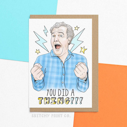 Funny wedding wishes, engagement announcement, graduation celebration card for all occasions. Illustration of Clarkson man in a blue checked shirt saying "I did a thing!'