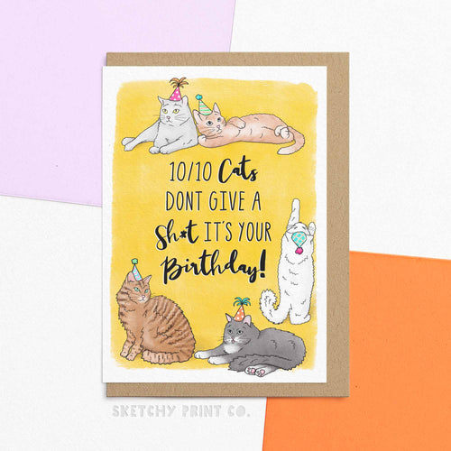 funny birthday card for cat mom, cat dad or cat lovers in general.Reading 10/10 cats don't give a sh*t it's your birthday! Send funny birthday wishes for best friend with this hilarious birthday card perfect for cat lovers!