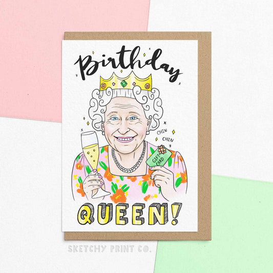 Funny birthday wishes, birthday greeting card featuring the queen herself reading Birthday Queen! Funniest Birthday Wishes. It's her royal birthday! Send funny birthday wishes and celebrate the Birthday Queen in your life with this delightful card! It's an ideal way to make Mum or Nan feel special, and with FSC certified paper and compostable packaging, you can rest assured that you're making a greener choice too! Make her feel like a queen for a day!