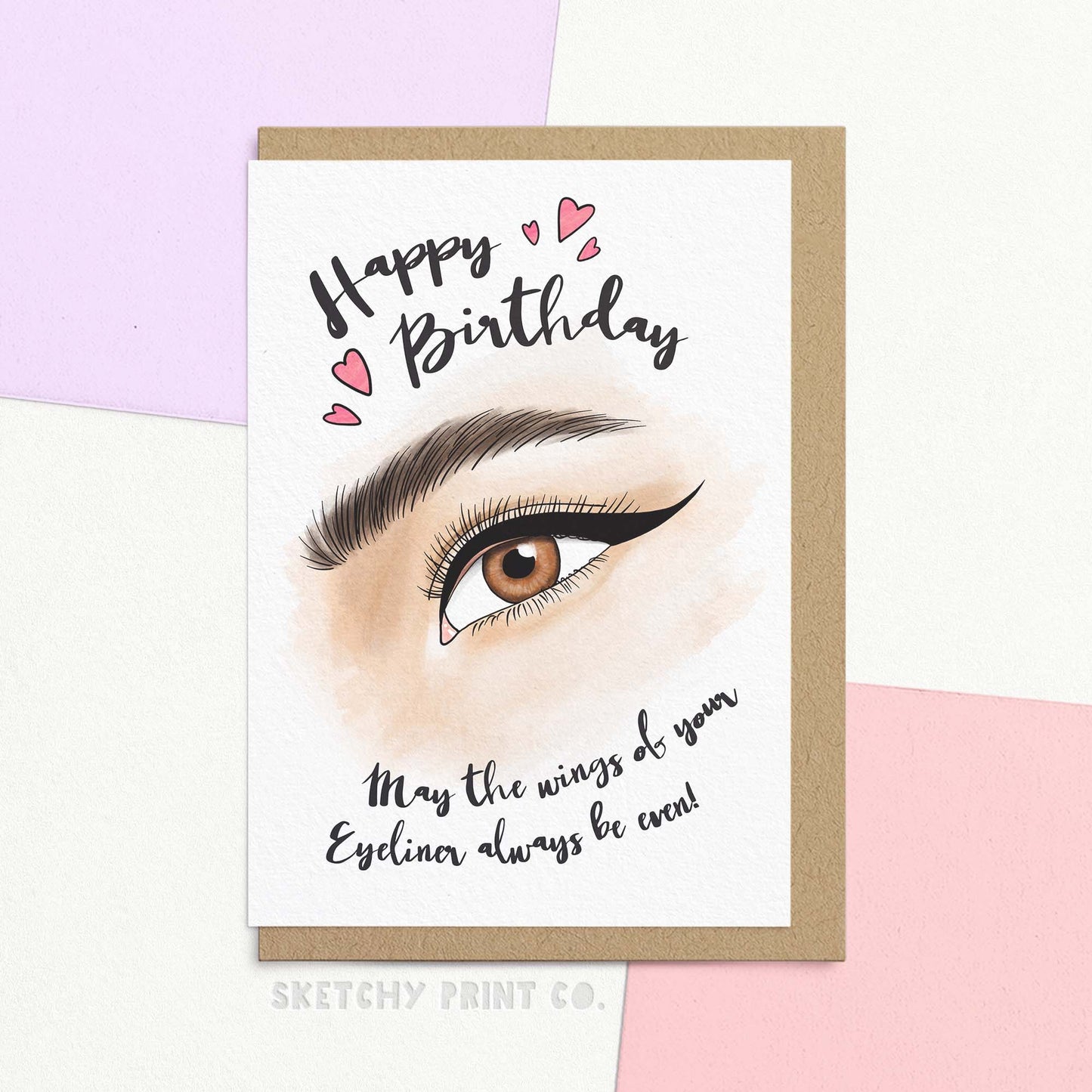 Birthday wishes for best friend, makeup lover. Card reads Happy birthday May the wings of your eyeliner always be even. Give your make up loving best friend birthday wishes with our Eyeliner card. What better birthday wish than their wings always being on point! This cute birthday greetings card is also perfect for cementing your status as the cool auntie to any budding makeup artist!