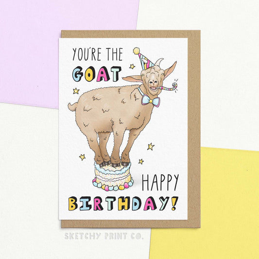 Funny birthday card reading You're the goat! Happy Birthday! by Sketchy Print Co. Celebrate a special someone's birthday with our "Happy Birthday To The Goat!" card. This funny card is perfect for sending funny birthday wishes to a friend, sister, or husband, with a playful nod to being the greatest of all time. Made with FSC certified paper and compostable packaging. (Who are we kidding? You're the GOAT for choosing an eco-friendly card!)