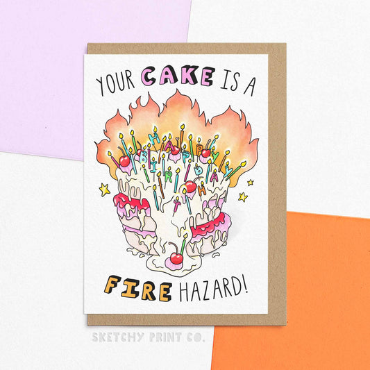 Funny birthday wishes for best friend card reading 'your cake is a fire hazard!' Celebrate their Birthday with laughter and a bit of danger with our "Your Cake Is A Fire Hazard" card! This funny birthday card is the perfect birthday greeting for your husband, sister, or best friend who is aging gracefully (or not🔥). All our cards are printed on FSC certified paper and packed in compostable packaging so they will cancel out the carbon foot print of your cake bonfire!