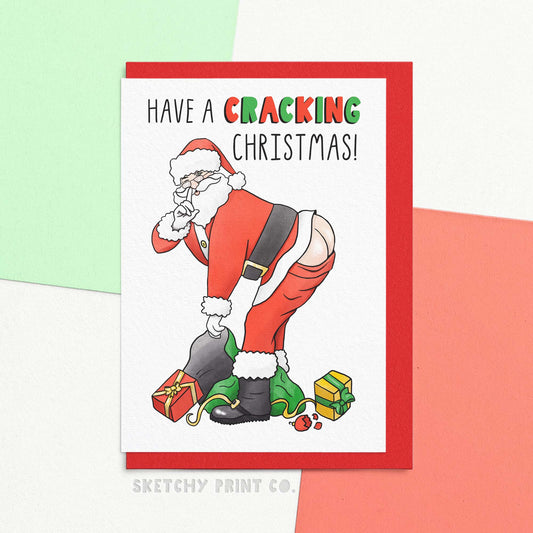 Funny Merry Christmas Wishes card reading have a cracking Christmas! Get ready for a cheeky Christmas with our funny happy Christmas greetings card. Naughty Santa's got a surprise for you (and it's not just a lump of coal). Perfect for those who want a laugh this holiday season, this card is guaranteed to bring a smile to anyone's face. A cracking good time awaits!