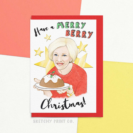 Funny Christmas wishes card reading have a merry berry Christmas! With an artist interpretation of Mary Berry holding a Christmas pudding. Cook up some holiday cheer with our Merry Berry Christmas card! This hilariously festive card is perfect for the star baker in your life. With funny merry Christmas wishes, it's sure to make them smile. 'Tis the season to whip up memories by the baker's dozen and share some laughs!