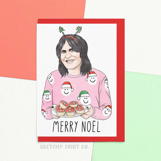 Funny Christmas Wishes Card reading Merry Noel featuring an artist interpretation of a bake off comedian. Wish them a Merry Noël with this funny Xmas greetings card! Featuring a merry Christmas wishes and a charming design, this cheeky holiday card will surely bring joy and laughter. Add a plate of warm mince pies and Spread the holiday cheer!