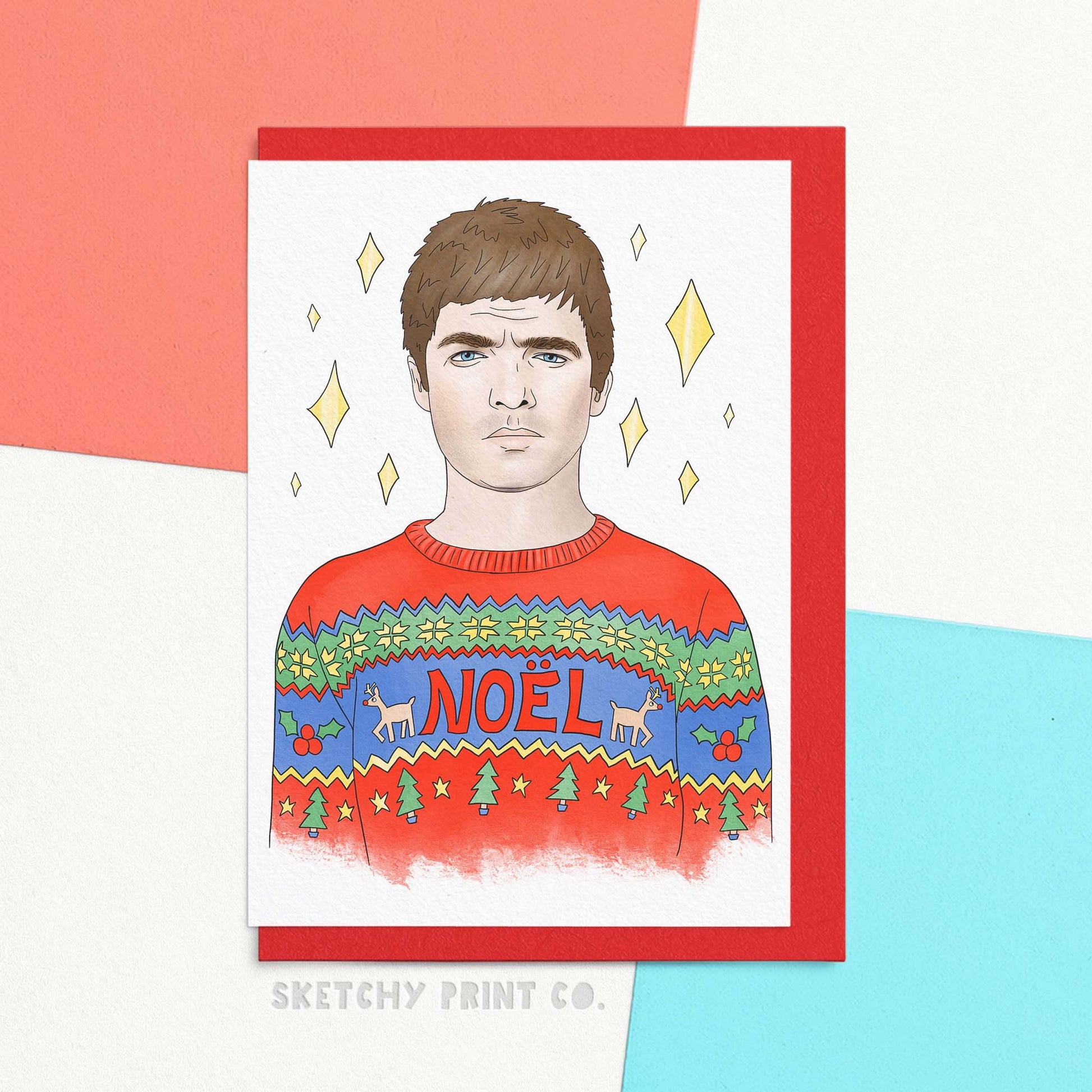 Funny Christmas Wishes Card with an  artist interpretation of a 90s mod rocker wearing a Christmas jumper with Noel written on the front. Rock around the Christmas tree with Noël, the perfect card for music fans. Spread some holiday cheer with funny Christmas wishes that will have everyone jingle bell rocking. This card is sure to bring a smile to the face of even the grumpiest Christmas grinch, so don't look back in anger and order it now! (Sibling rivalry not included.)
