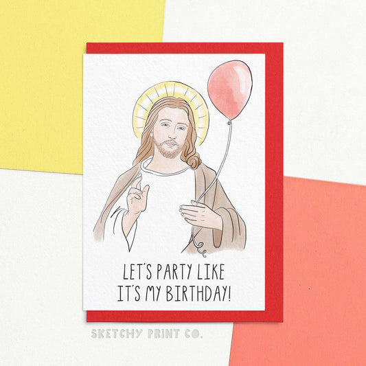 funny Christmas card featuring an illustration of Jesus and reading let's party like its my birthday! Get ready to celebrate with this funny Christmas wishes card! Perfect for sending Merry Christmas wishes or even for December birthdays, this card will have you and your loved ones laughing all season long. Let's party like it's Jesus' Birthday and add some fun to the holiday with this unique and playful card.