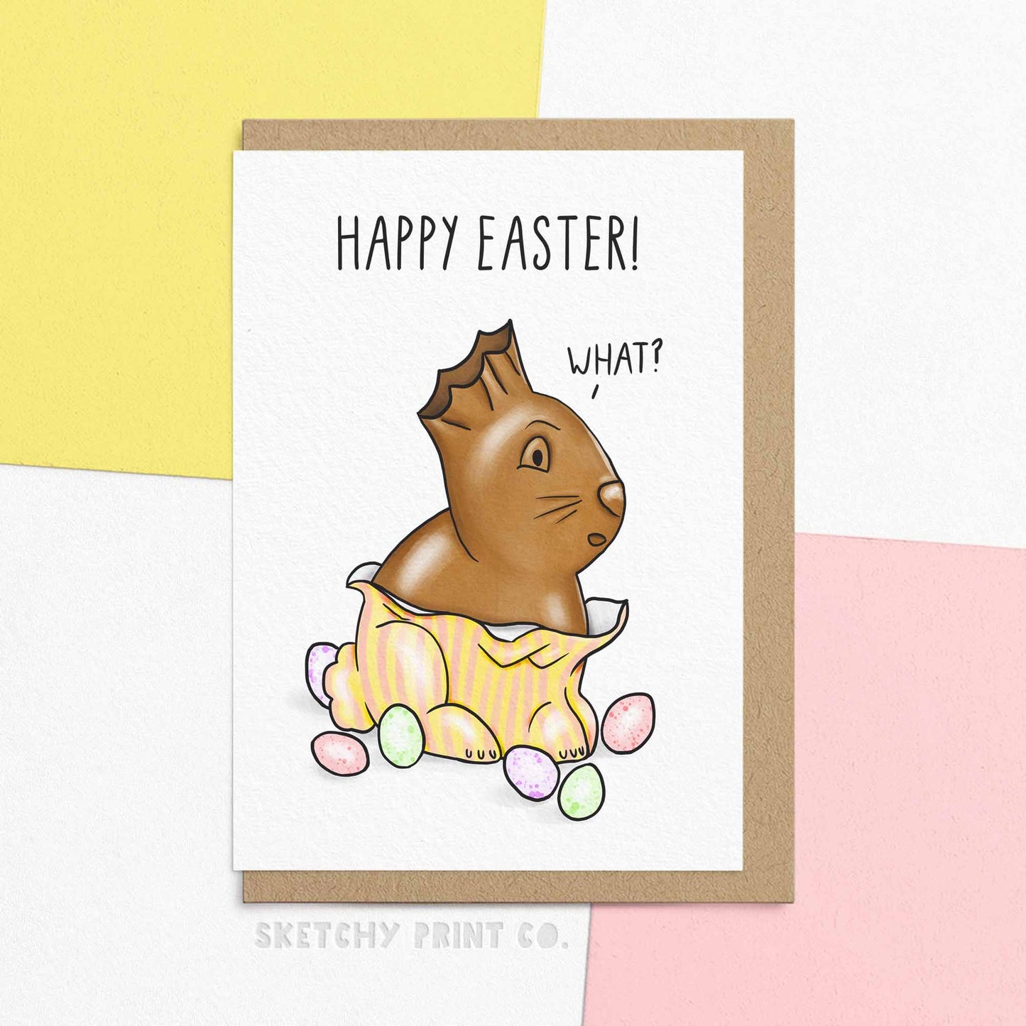 Funny happy easter pun card for son or daughter. Easter funny greetings card reading happy easter! with a watercolour illustration of a chocolate bunny who's ears have been eaten saying 'what?'. Wish hoppy Easter greetings to your sweet-toothed friends and family! We know these easter bunnies don't stick around for long so immortalised them with this hilarious card, featuring a hearing-impaired chocolate bunny, it's sure to bring laughter to your loved ones