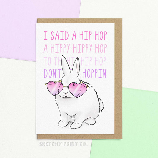 Easter funny greetings card. Give a hoppy delight with this funny happy Easter card! Perfect for music lovers, this cool bunny-themed card can also be used for any occasion. Made with FSC certified paper and compostable packaging, it's not only cute but eco-friendly too. For your sister or friend, this card will surely bring a smile to their face.