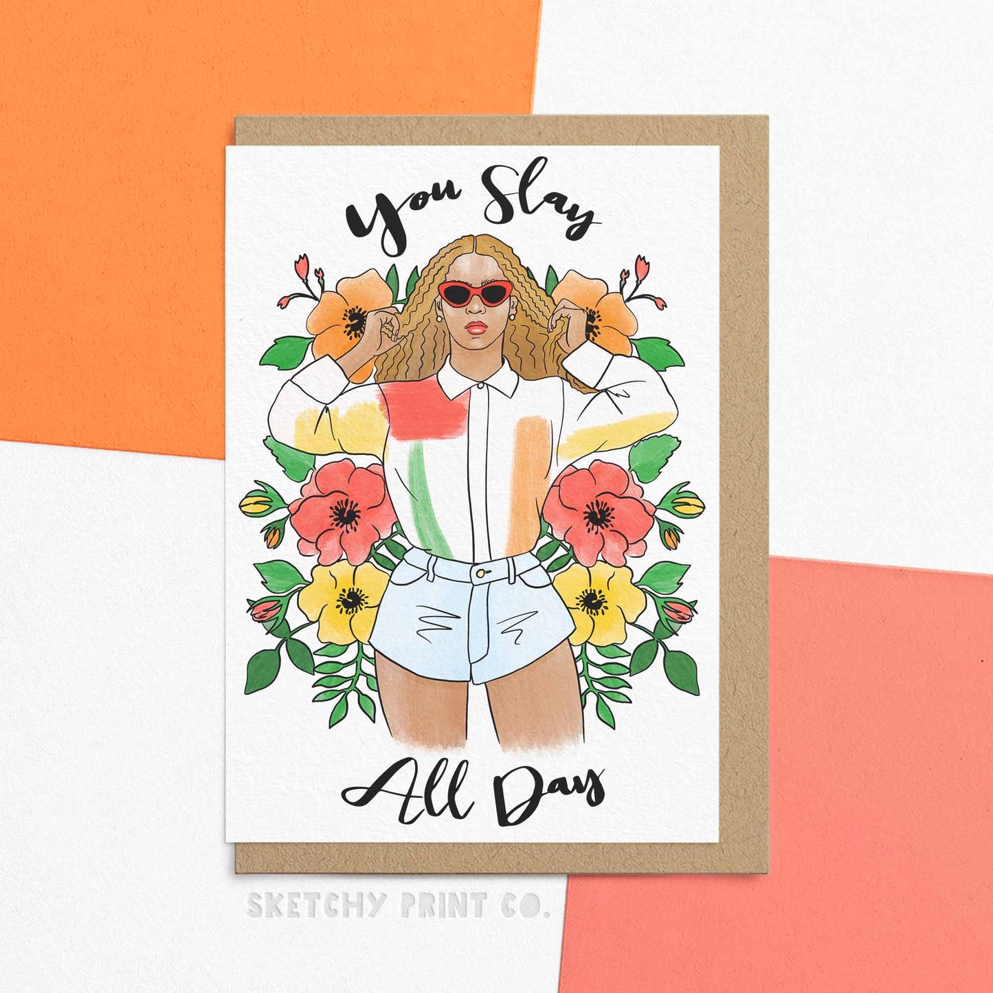 Pretty just to say card for all occasions, reading you slay all day with a colourful watercolour illustration of a stylish woman of colour surrounded by flowers. Wether you need a pick me up for a loved one or happy birthday greetings for a friend, this fun 'just to say' card with it's stylish illustration will make them feel like a total Queen (or King). Because let's be real, they slay all day. *mic drop*