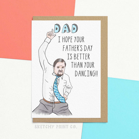 Funny fathers day card saying 'Dad I hope your father's day is better than your dancing!' Dance your way into Dad's heart with this funny Father's Day card. It's a total dad joke of the day, but hey, he's used to embarrassing himself.