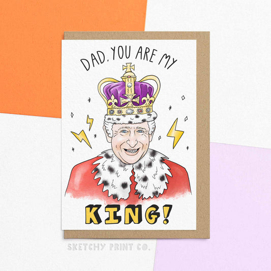 If your father jokes about being his royal highness then pair this funny father's day card with a cool gift for dad and make his day! Funny Fathers Day card for Dad, reading: "Dad, you are my king!" illustration of the King wearing crown.