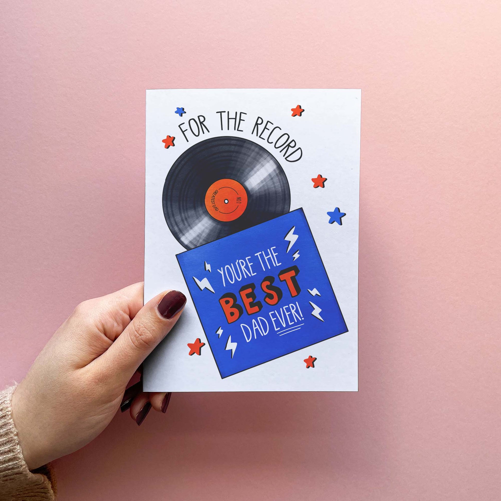 Whether it's a funny father's day card or happy birthday greetings to pair with your cool gift for Dad this card has you covered. Card reading 'for the record, you're the best dad ever!' Held in hand to show size.