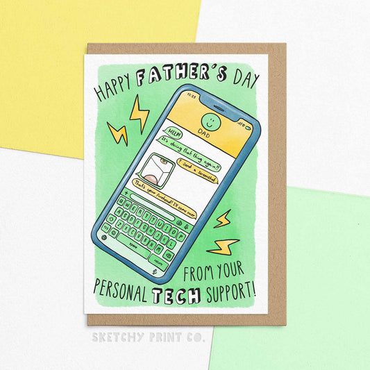 Funny Fathers Day Card reading 'Happy Father's Day from your personal tech support!' For Dads who can't do technology. Featuring the dad joke of the day, and a stylish hand-drawn design this card is guaranteed to make him smile.