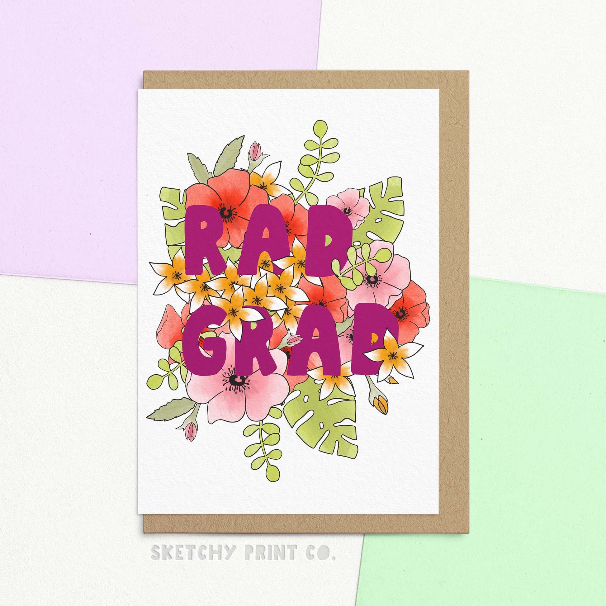 cute graduation card reading Rad Grad in big letters with flowers surrounding the text. Congratulate your rad grad with this cute graduation card! With a fun 70s vibe, it's sure to make them smile and feel celebrated (cue the disco music). Perfect for those who appreciate a little quirkiness and humour in their special moments.