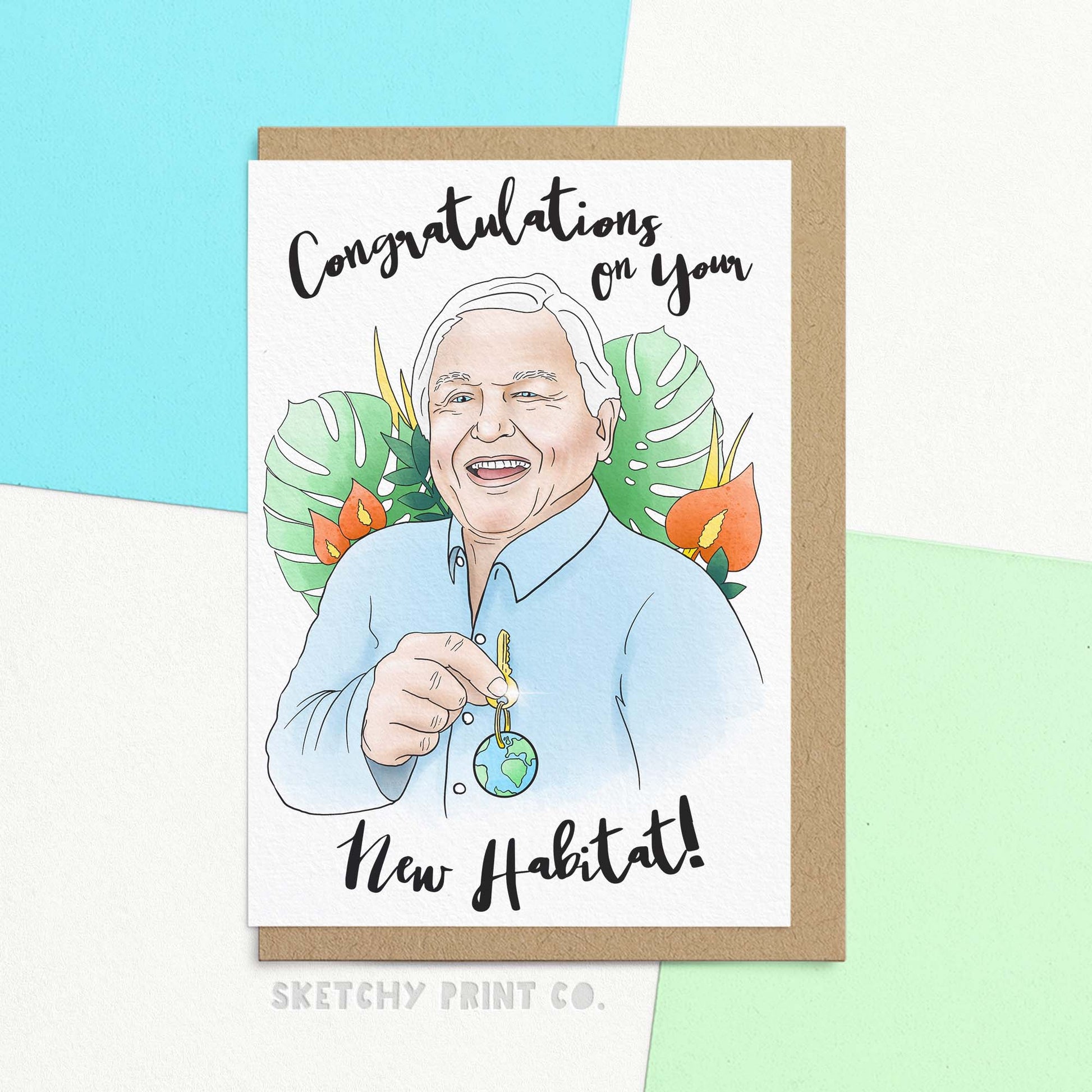 Funny New Home Card Reading Congratulations On Your New Habitat, with an artist interpretation of Attenborough holding house keys surrounded by plants. Happy Housewarming wishes to nature lovers! Our Funny New Home Card is the perfect way to congratulate your loved ones on their new habitat. Made with FSC certified paper, this card is perfect for wildlife documentary enthusiasts. A thoughtful and sustainable choice for all movers and shakers!