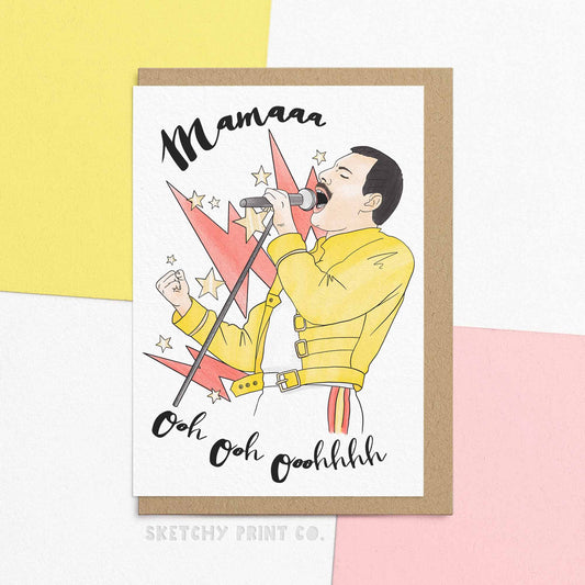Funny Mother's Day Card Reading "Mama" with watercolour illustration of Freddie by sketchy print co. his design can also be used as a birthday greeting to my mother or gifts for first time mums!