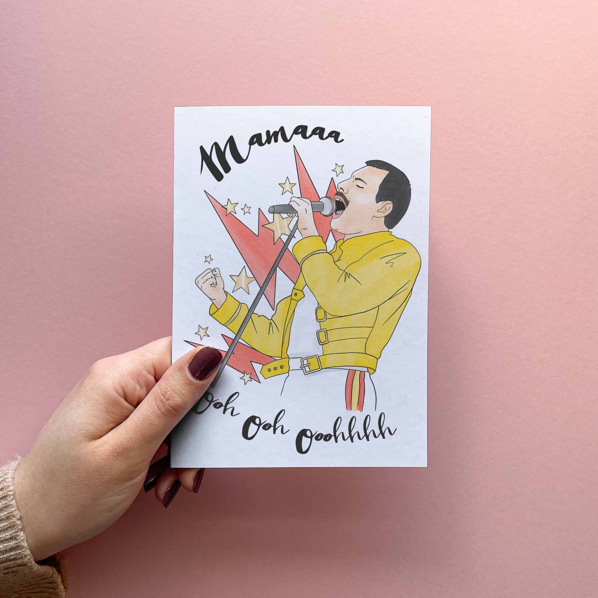 Funny Mother's Day Card Reading "Mama" with watercolour illustration of Freddie by sketchy print co.