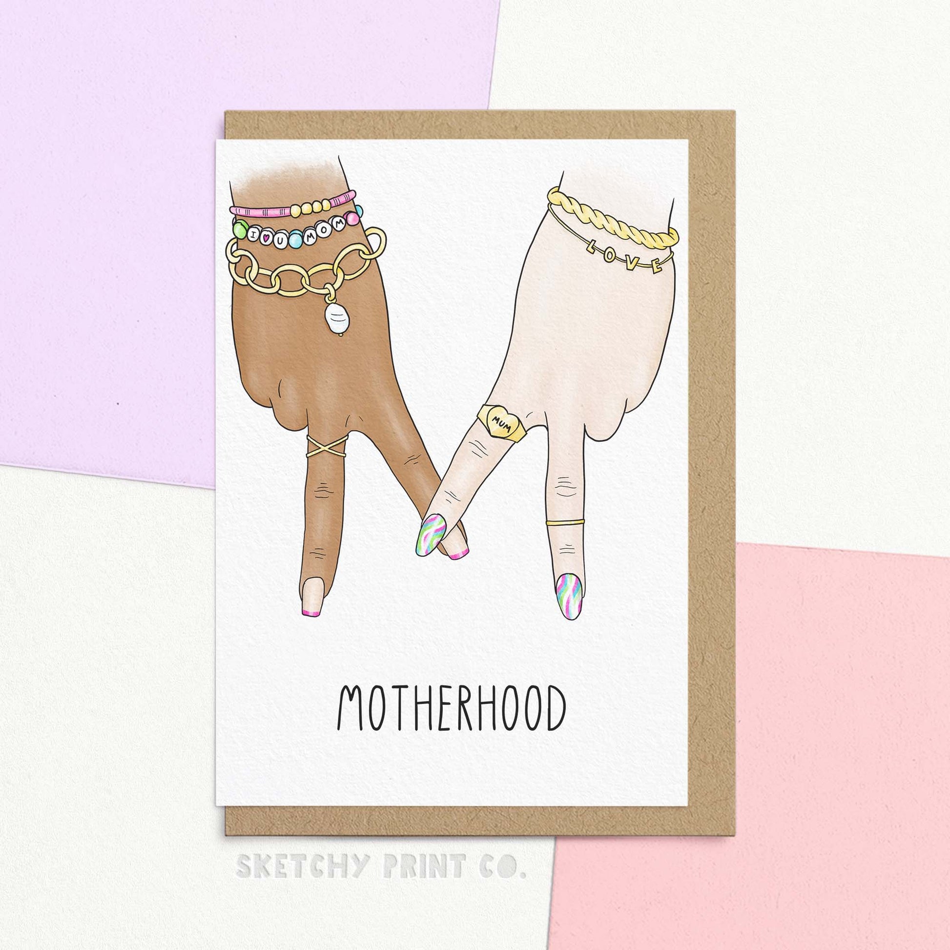 Cute new mum card featuring stylish illustration of two hands making an 'm' text says 'motherhood'. Indulge a mom-to-be with a humorous card that welcomes her to the Motherhood club. Perfect for Mother's Day, this card is sure to bring a smile to her face. Pair it with gifts for first time mum and add a heartfelt happy mother's day messages to make her 1st Mother's Day even more special!
