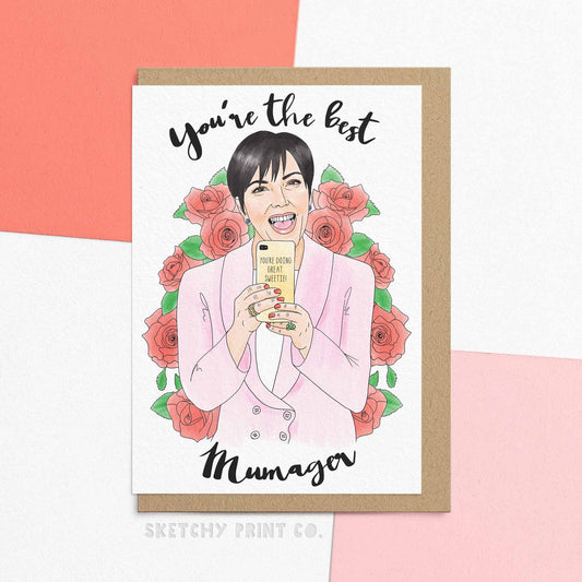 Funny Mother's Day Card and gift ideas for mum. Card reading you're the best mumager, watercolour illustration of a mum recording using a phone with a case that says you're doing great sweetie! Show your Mum, I Mean Mumager, some love with this hilarious Mother's Day card! Featuring a totally fetch design, and funny happy mother's day messages this FSC certified card comes in compostable packaging. Pair with cute mother's day gifts and give your mom the recognition she deserves for being the boss!