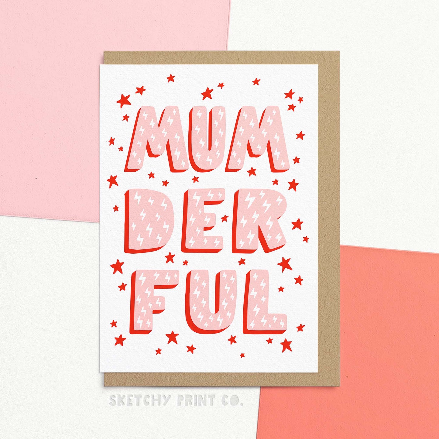 funny mothers day card for mum. Mother's Day gift ideas for Mom. Cute card with large text saying Mumderful in pink and red surrounded by stars. Comes with Kraft envelope. Celebrate your Mum with our Mumderful card! Made from FSC certified paper, these funny happy mother's day messages are not only great for the environment but also for making your wonderful Mum smile.