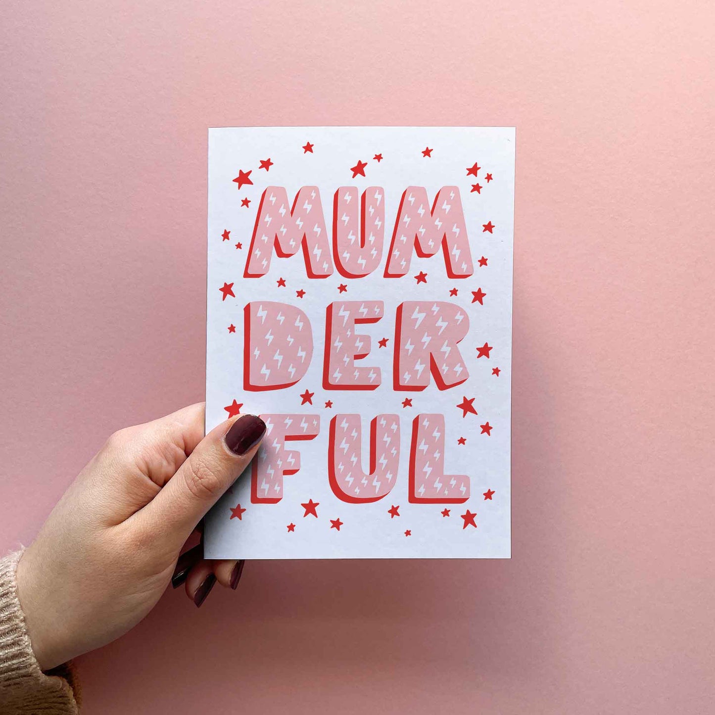 funny mothers day card for mum. Mother's Day gift ideas for Mom. Cute card with large text saying Mumderful in pink and red surrounded by stars. Comes with Kraft envelope.