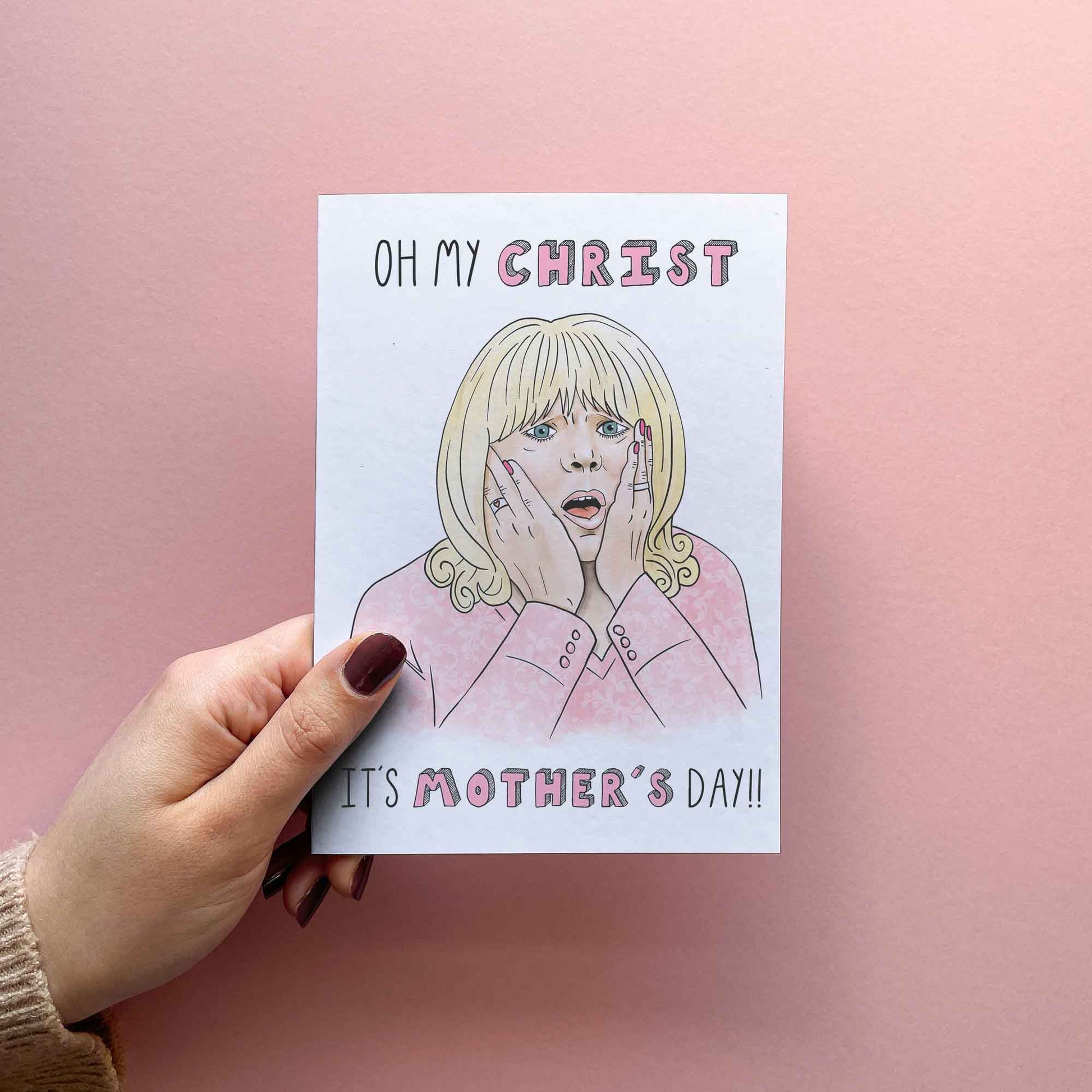 funny Mother's Day card for mum. Mother's day gift ideas for mom. gifts for her. greeting card saying 'oh my christ, it's mother's day!' Pam Gavin stacey.