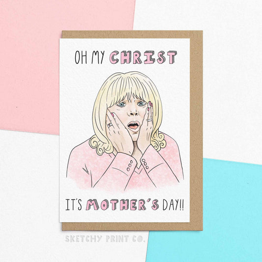 'Oh my christ it's Mother's Day!' Surprise your mom on Mother's Day with Oh My Christ! The hilarious card that shows you didn't forget after all. Fill with funny happy Mother's Day messages and pair with cute gifts for mum! Made with FSC certified paper and compostable packaging, this card is not only funny, but eco-friendly too. Don't miss the chance to make your mom laugh (and save the planet) with this quirky card.