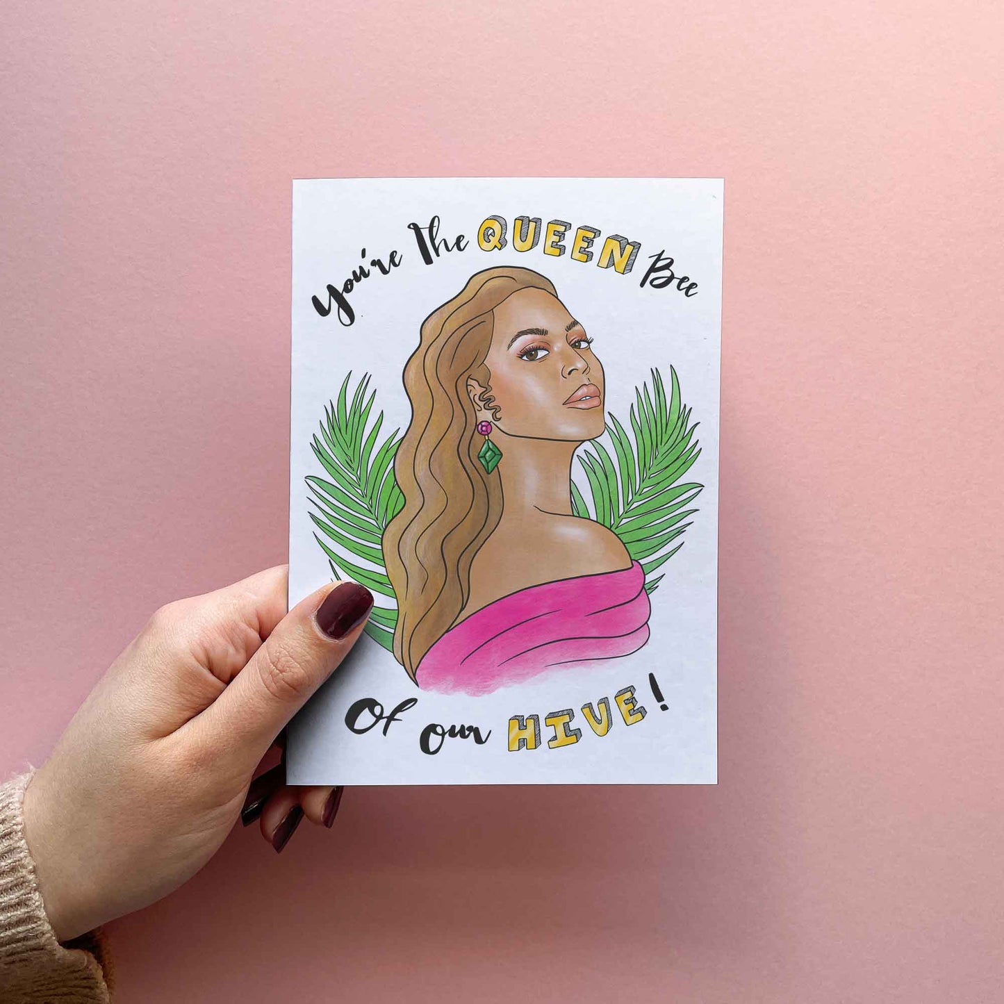 funny Mother's Day card for mum. mothers day gift ideas for mum. Stylish Card reading 'you're the queen bee of our hive!' Bey inspired.