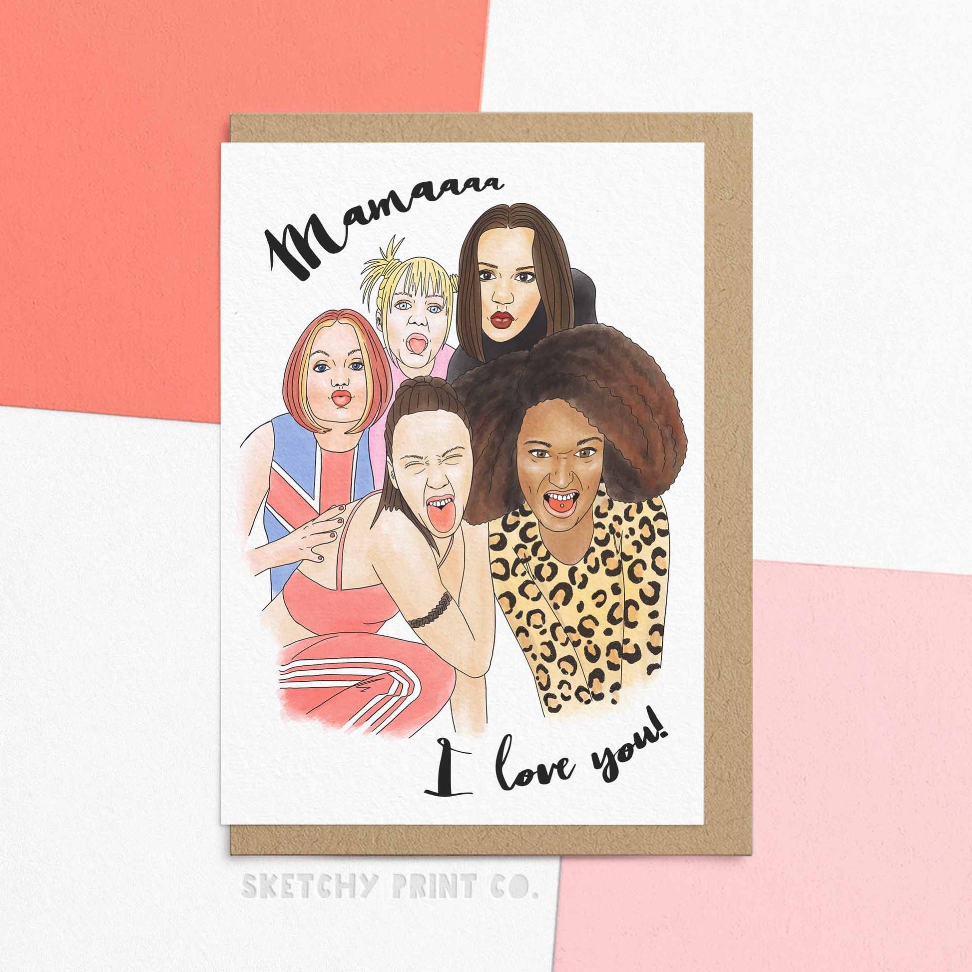 Show your love for mom with our funny Mother's Day card that's perfect for music-loving mums. With a playful nod to the 90s and happy Mother's Day messages printed on sustainable FSC certified paper, it's what she really really wants. Reading "Mama I love you!" by Sketchy Print Co 