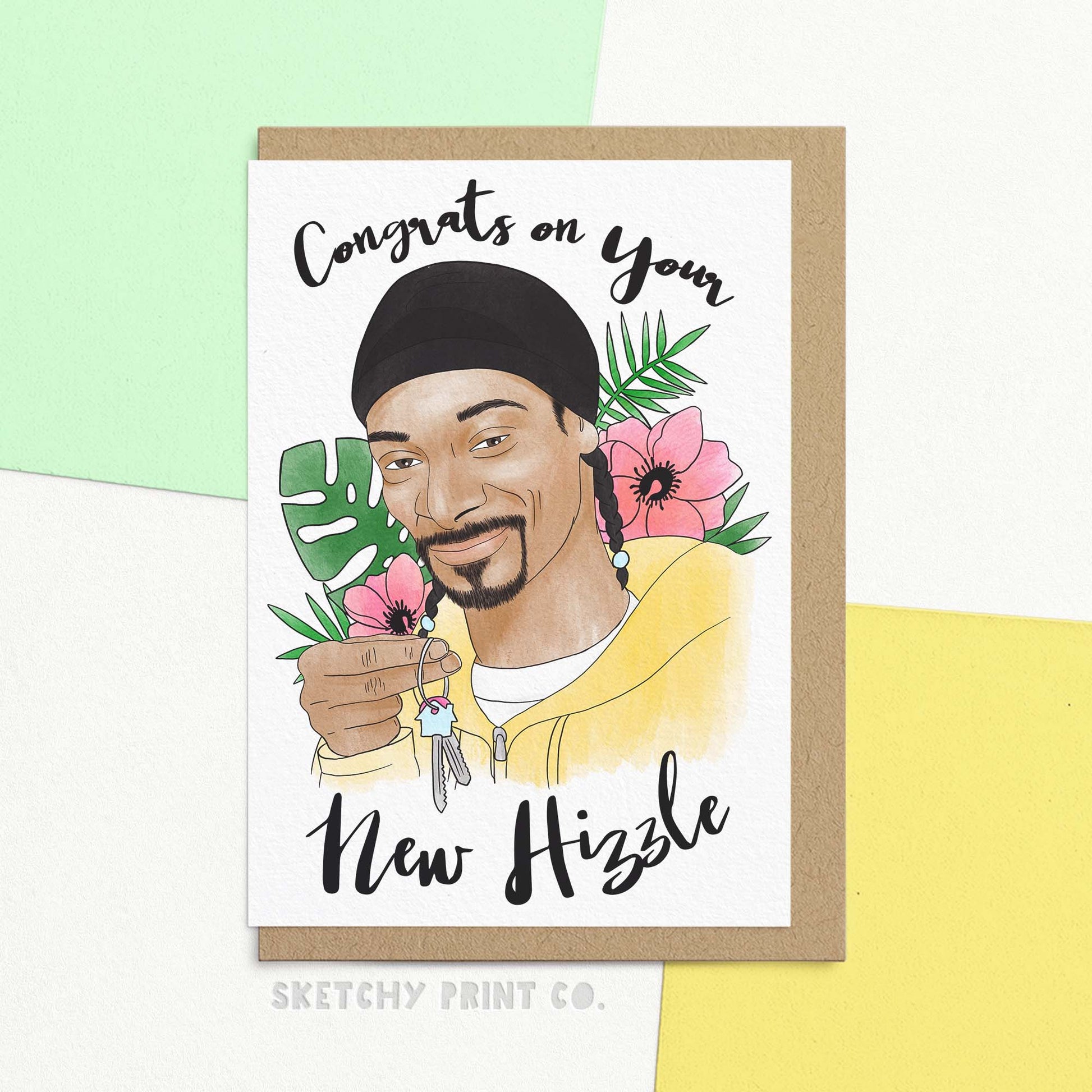 Funny New Home Card reading Congrats on your new hizzle. Featuring an artist interpretation of a rapper holding house keys surrounded by plants. Welcome them to their new hizzle with this funny housewarming card! Congratulate them on their new digs and remind them they can play their music as loud as they want now, fo shizzle! Well, until their neighbours complain!