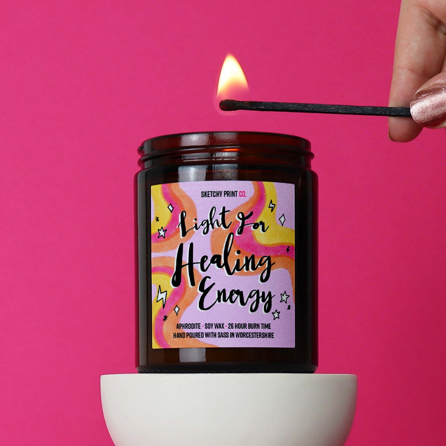 Funny candle gift for her. gift ideas for best friend, girlfriend, wife. Soy wax candle in beautiful amber jar. Colourful design on front saying Light for healing energy. Hand poured with sass in Worcestershire. Positive gift, could be used for a divorce or any healing journey.