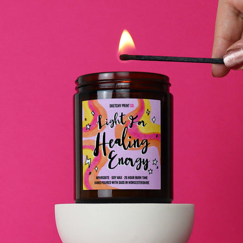 Funny candle gift for her. gift ideas for best friend, girlfriend, wife. Soy wax candle in beautiful amber jar. Colourful design on front saying Light for healing energy. Hand poured with sass in Worcestershire. Positive gift, could be used for a divorce or any healing journey.
