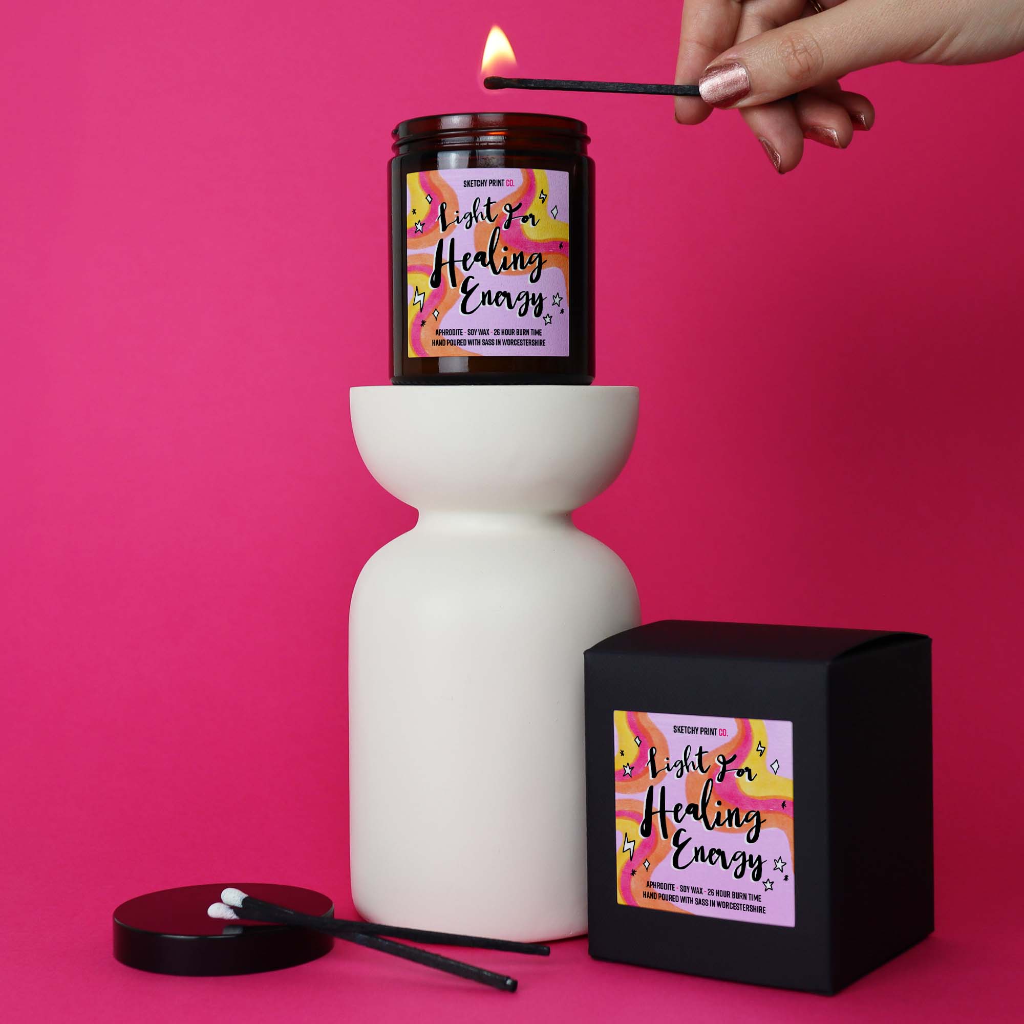 Funny candle gift for her. gift ideas for best friend, girlfriend, wife. Soy wax candle in beautiful amber jar. Colourful design on front saying Light for healing energy. Hand poured with sass in Worcestershire. 
